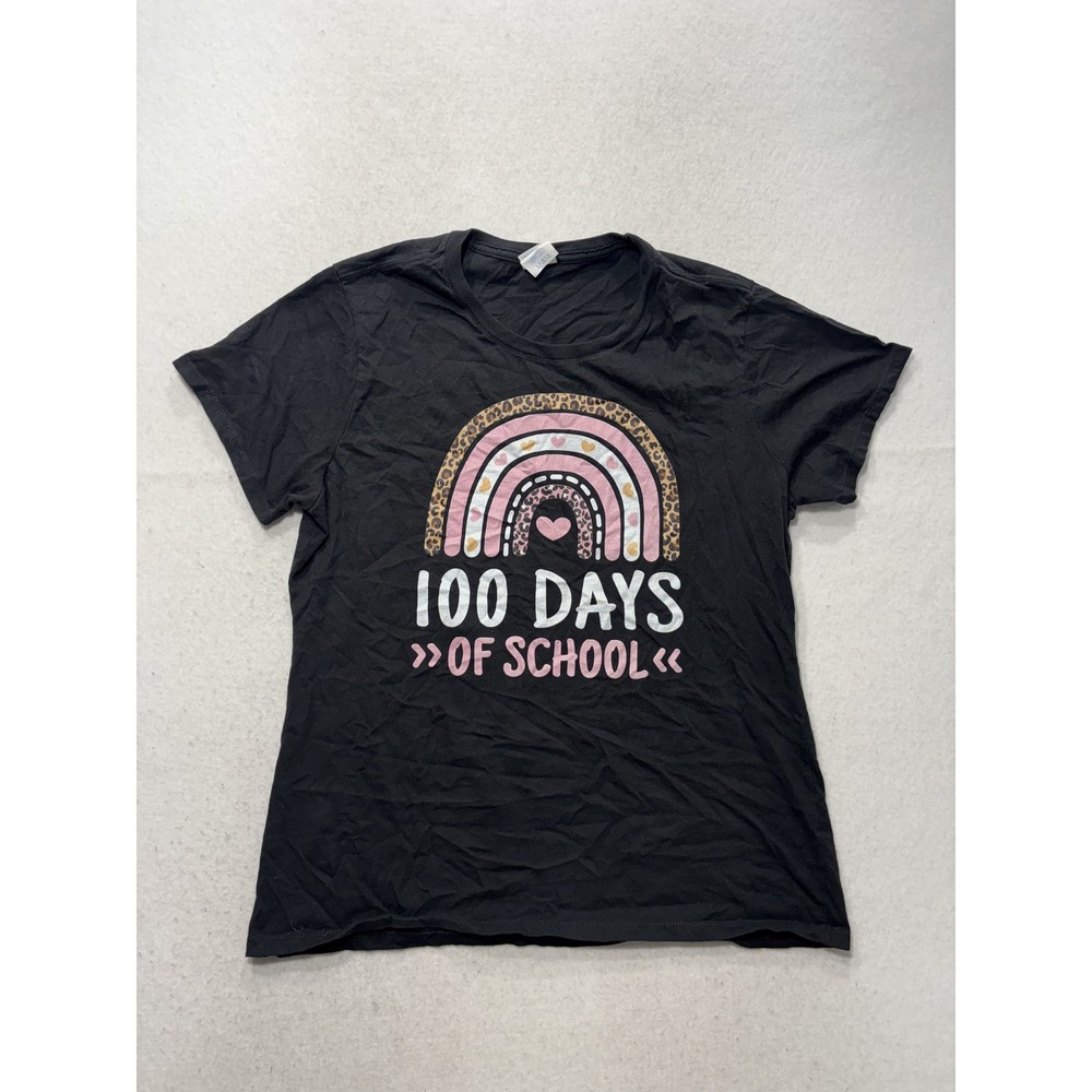 Port & Company Shirt Womens Large Black 100 Days Of School Rainbow Graphic Tee